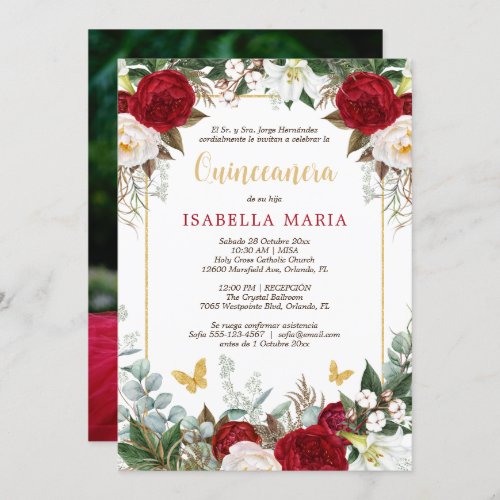 Red Flowers Quinceanera Invitation in Spanish 