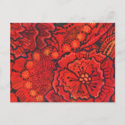 Red Flowers, Quirky Flower Abstract Floral Art Postcard