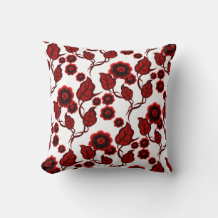 Red flowers, red leaves, Folk art floral Throw Pillow