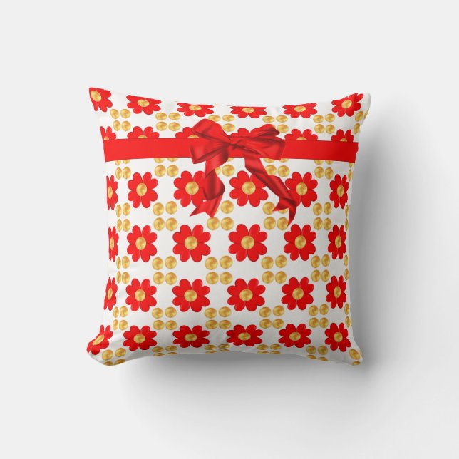 Red flowers & ribbon with golden dots on white throw pillow (Front)