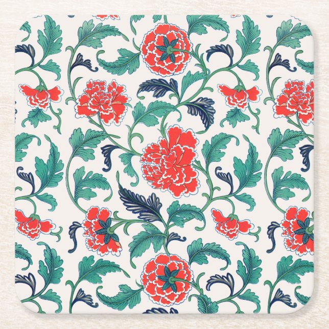 Red flowers square paper coaster (Front)