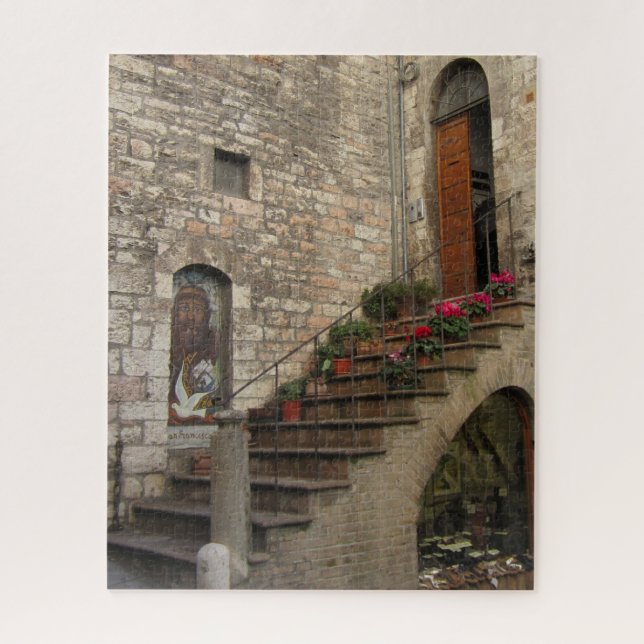 Red Flowers Stairway in Assisi -- puzzle (Vertical)