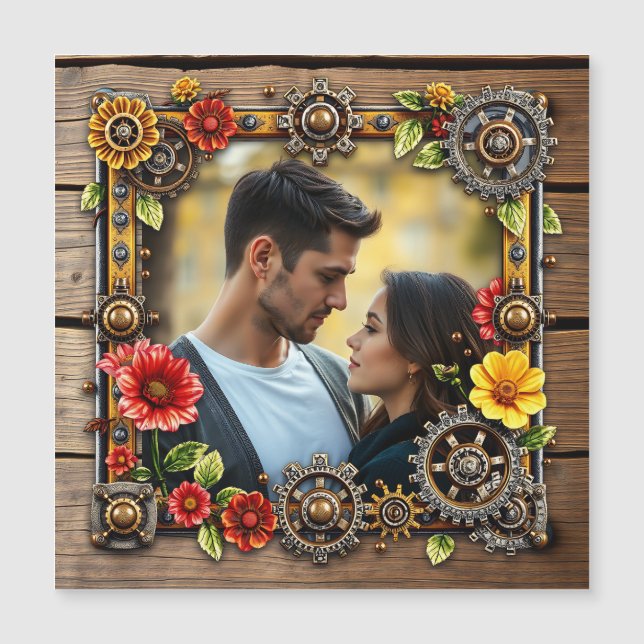 Red  Flowers Steampunk Personalized Photo Magnetic Invitation (Front)