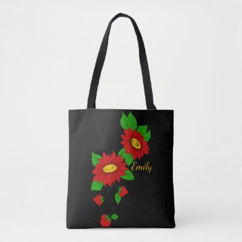 Red Flowers & Strawberries Personalized On Black Tote Bag by colorwash at Zazzle