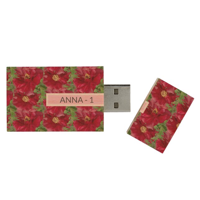 Red flowers & text wood flash drive (Opened)