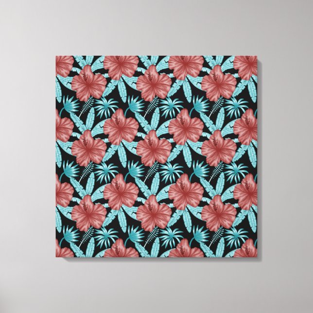 Red flowers tropical seamless pattern &blue leaves canvas print (Front)