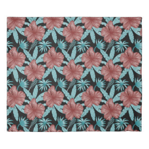 Red flowers tropical seamless pattern &blue leaves duvet cover
