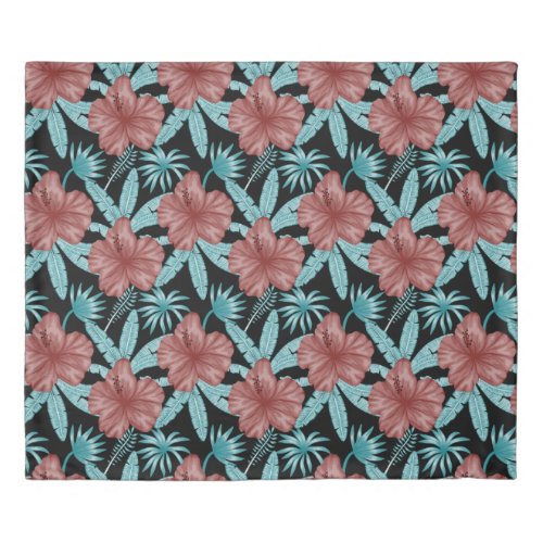 Red flowers tropical seamless pattern blue leaves duvet cover