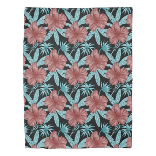 Red flowers tropical seamless pattern blue leaves duvet cover