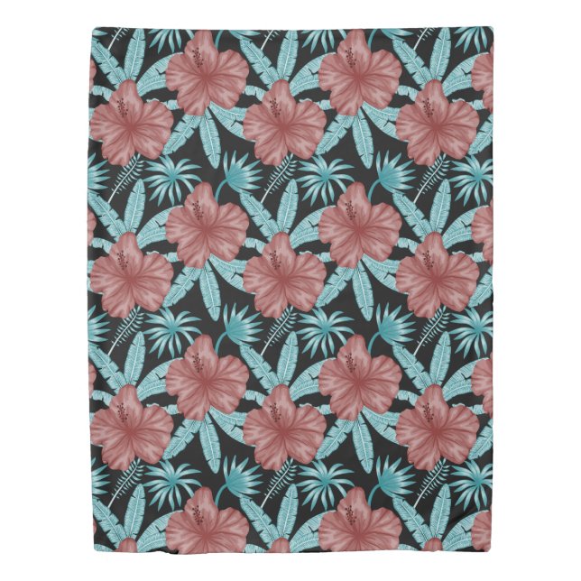 Red flowers tropical seamless pattern &blue leaves duvet cover (Front)