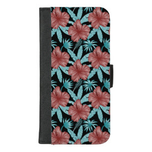 Red flowers tropical seamless pattern &blue leaves iPhone 8/7 plus wallet case