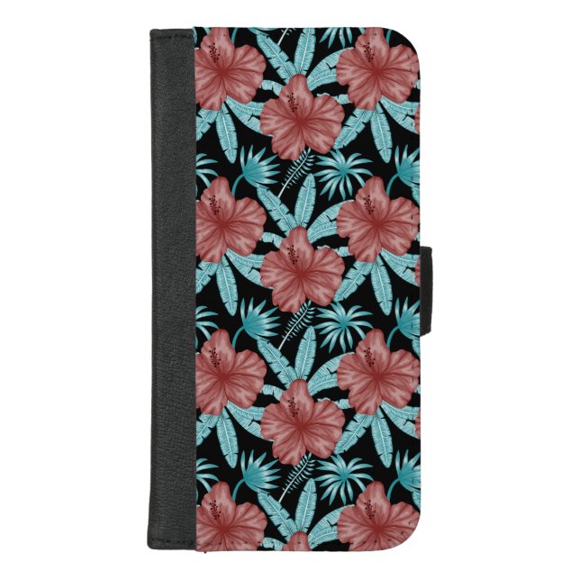 Red flowers tropical seamless pattern &blue leaves iPhone wallet case (Front)