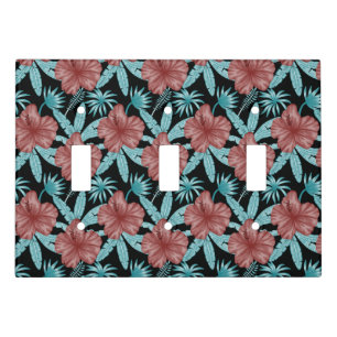 Red flowers tropical seamless pattern &blue leaves light switch cover