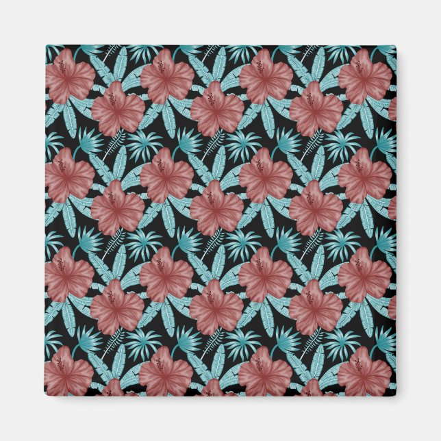Red flowers tropical seamless pattern &blue leaves magnet (Front)