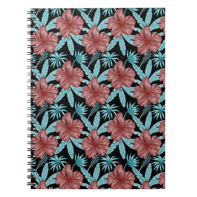 Red flowers tropical seamless pattern &blue leaves notebook (Front)