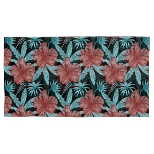 Red flowers tropical seamless pattern &blue leaves pillow case