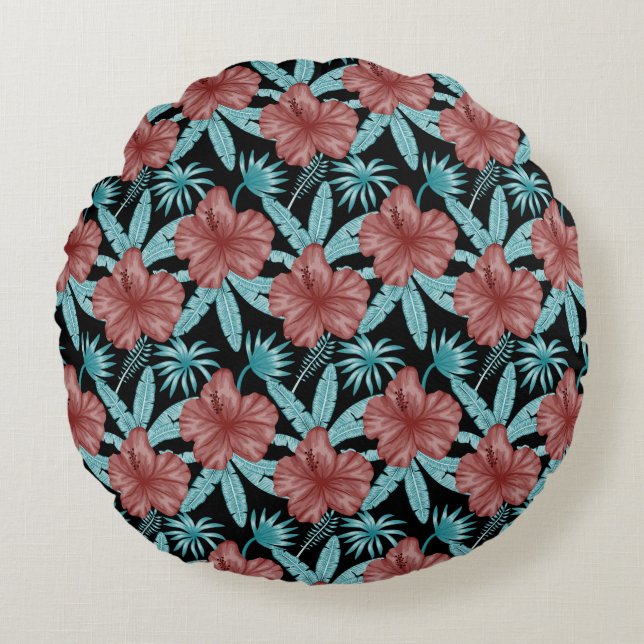 Red flowers tropical seamless pattern &blue leaves round pillow (Front)