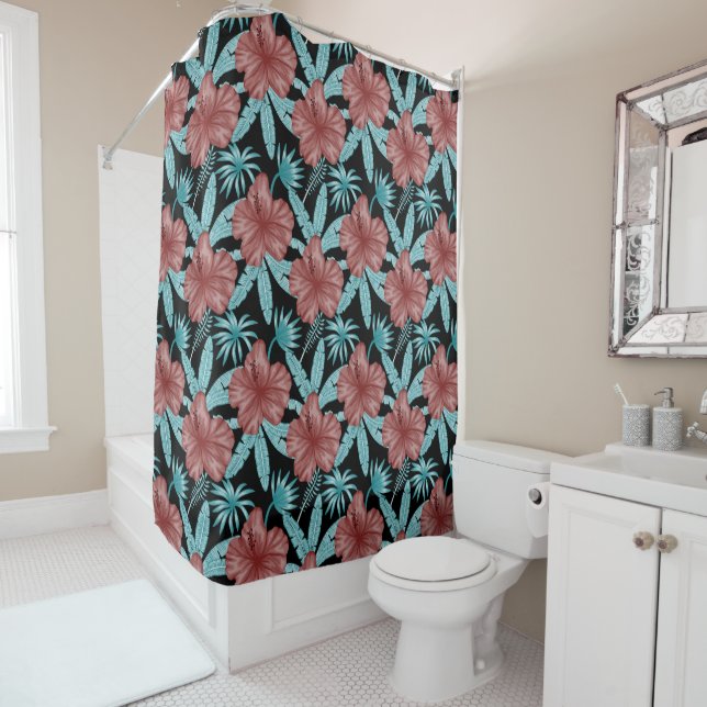Red flowers tropical seamless pattern &blue leaves shower curtain (In Situ)