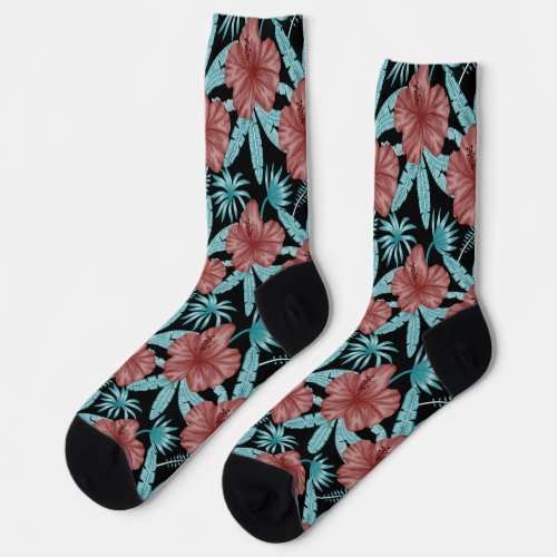 Red flowers tropical seamless pattern blue leaves socks