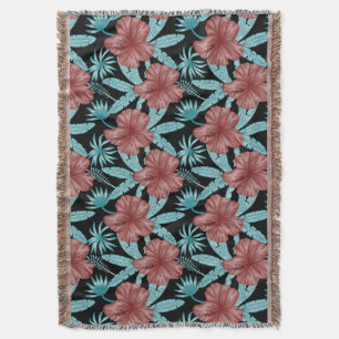 Red flowers tropical seamless pattern &blue leaves throw blanket