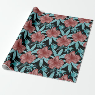 Red flowers tropical seamless pattern &blue leaves wrapping paper