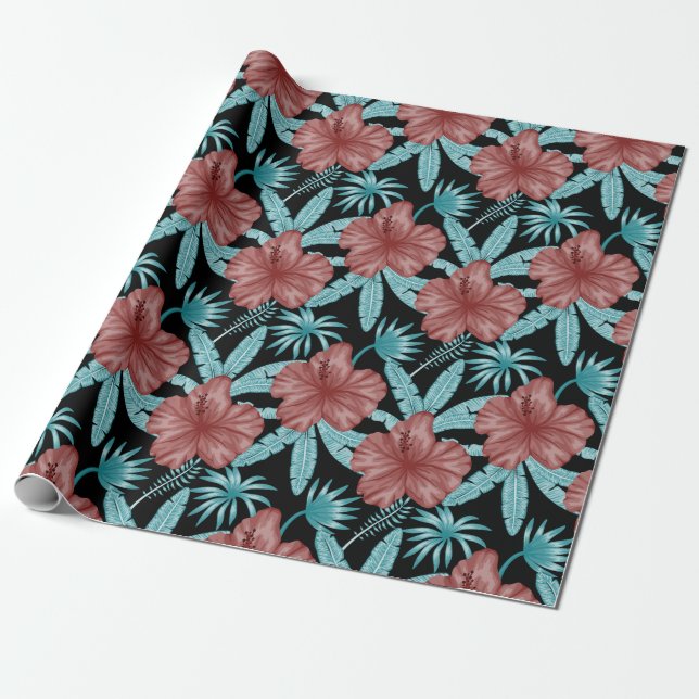 Red flowers tropical seamless pattern &blue leaves wrapping paper (Unrolled)