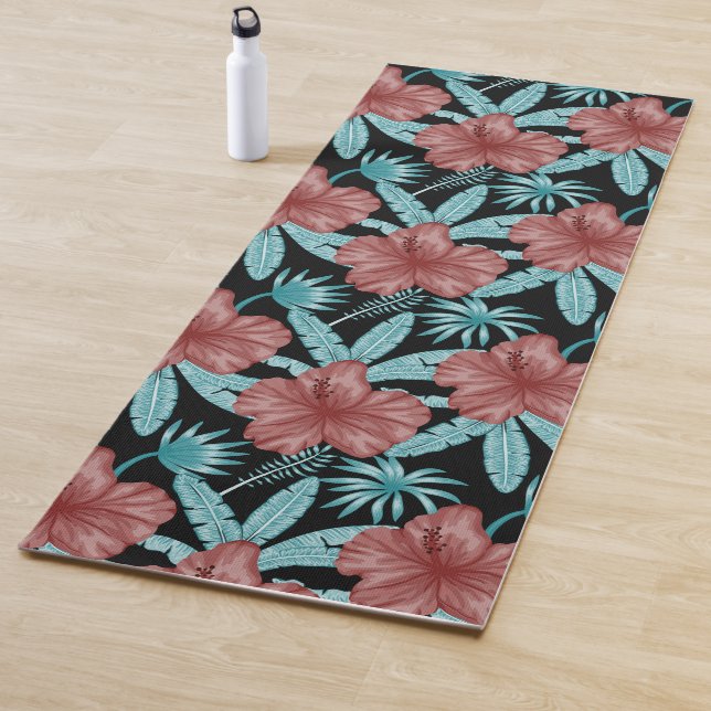 Red flowers tropical seamless pattern &blue leaves yoga mat (In Situ)