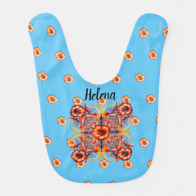 Red Flowers Victorian Fantasy and Name Baby Bib (Front)