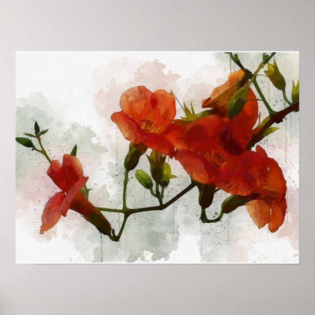 Red Flowers Watercolor Art Poster (Front)