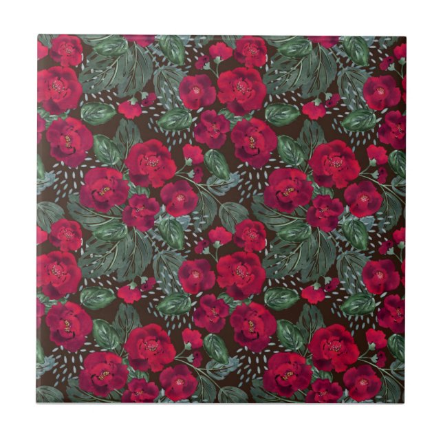 Red flowers, watercolor floral pattern. ceramic tile (Front)