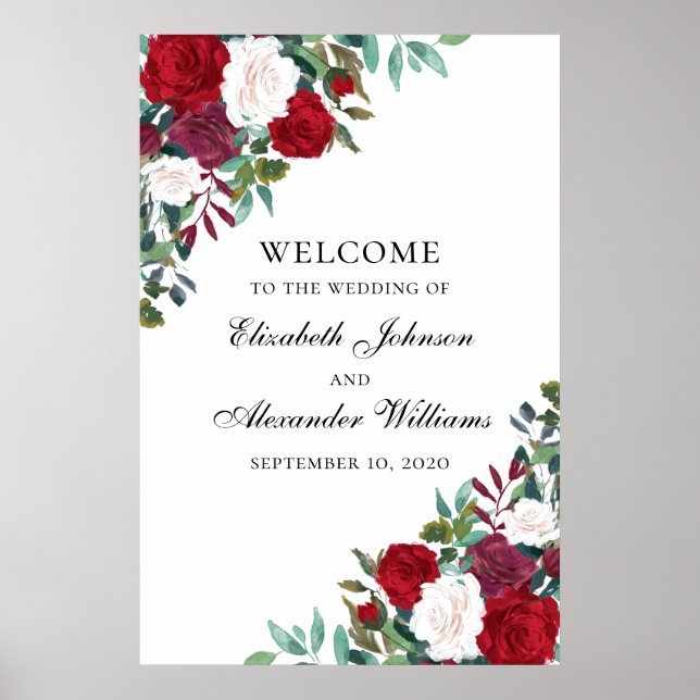 Red flowers welcome sign print. Boho wedding (Front)