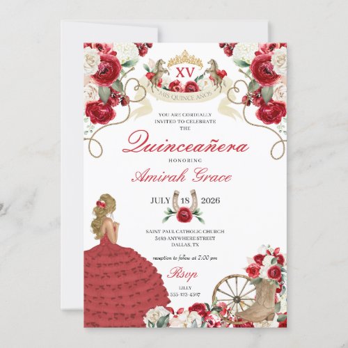 Red Flowers Western Cowgirl Quinceaera Invitation