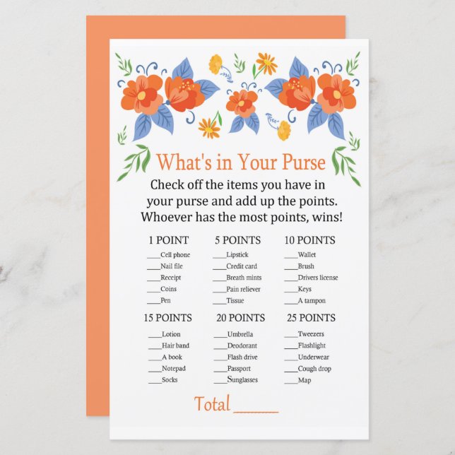 Red flowers What's in your purse game (Front/Back)