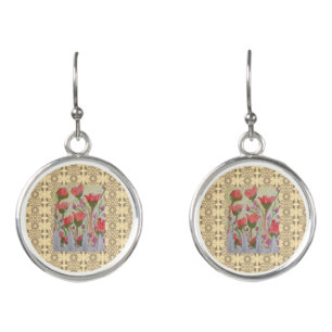 Red Flowers White Fence 2 Earrings