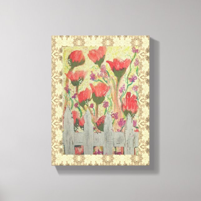 Red Flowers White Fence Canvas Print (Front)