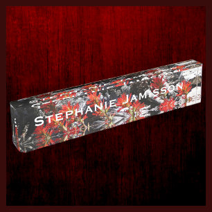 Red Flowers, Wildflowers and Rocks, Name, Acrylic Desk Name Plate