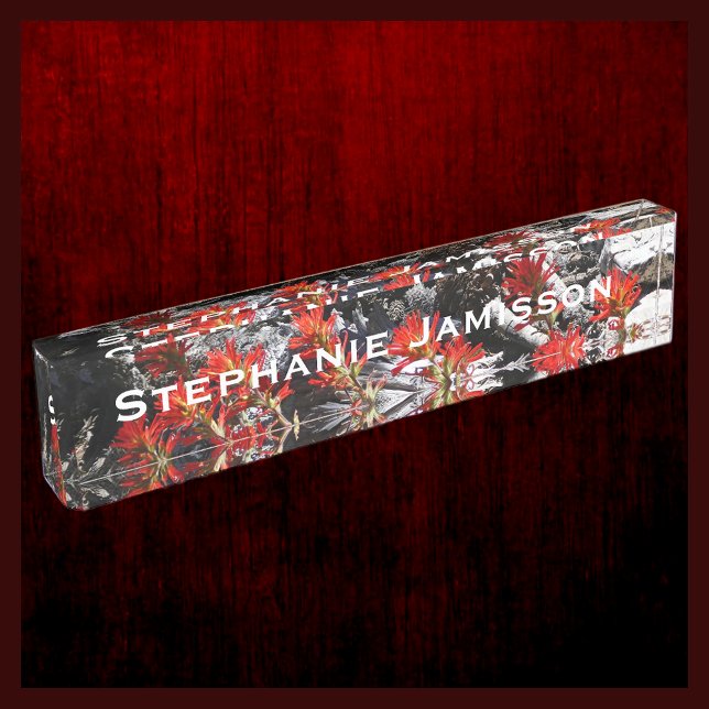 Red Flowers, Wildflowers and Rocks, Name, Acrylic Desk Name Plate (Creator Uploaded)