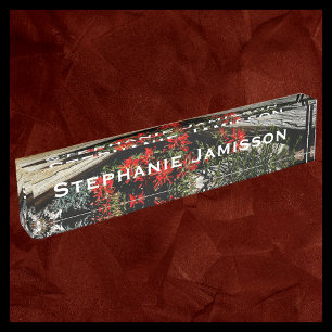 Red Flowers, Wildflowers and Wood, Name, Acrylic Desk Name Plate