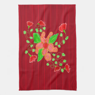 Red Flowers With Black Pinstripe Towel