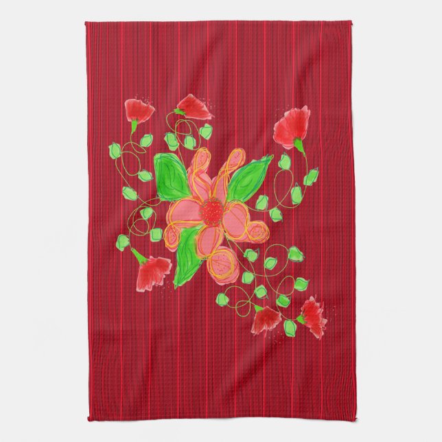 Red Flowers With Black Pinstripe Towel (Vertical)