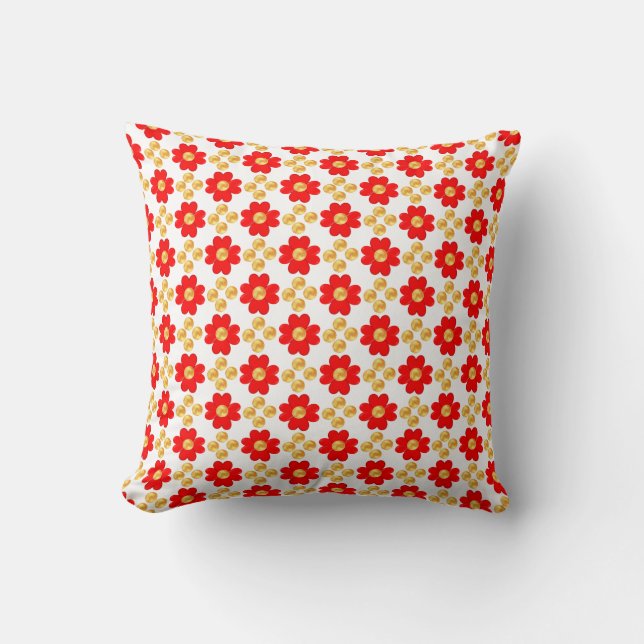 Red Flowers with Golden Dots on White Throw Pillow (Front)