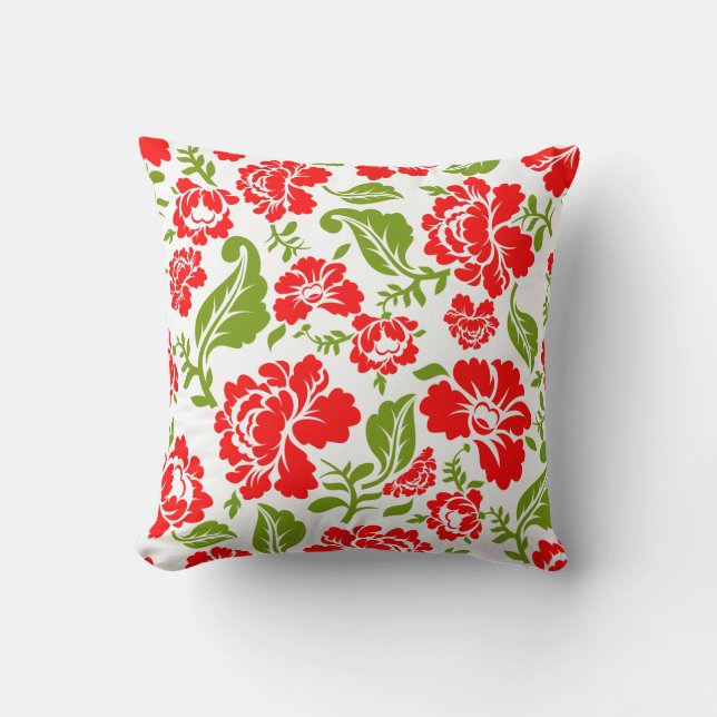 Red flowers with green leaves create a vibrant throw pillow (Front)