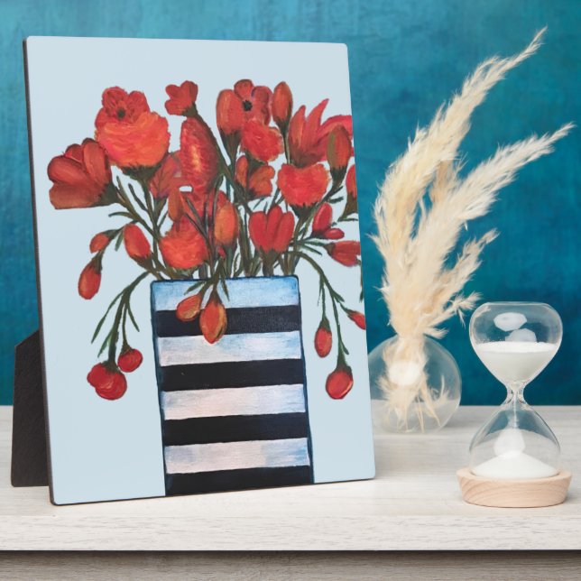 Red Flowers with Striped Vase Fine Art Plaque (Side)