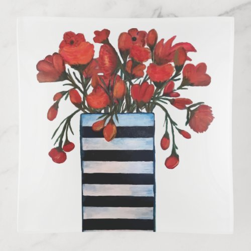 Red Flowers with Striped Vase Fine Art Trinket Tray