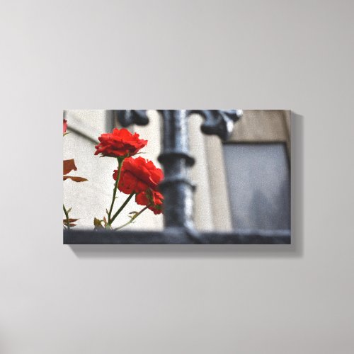 Red Flowers Wrought Iron New York City Photography Canvas Print