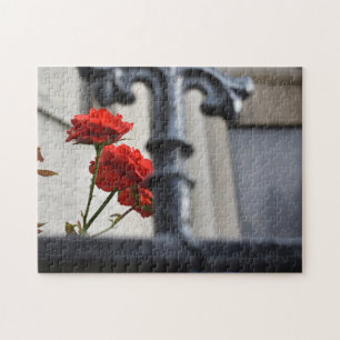 Red Flowers Wrought Iron New York City Photography Jigsaw Puzzle