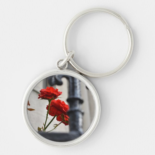 Red Flowers Wrought Iron New York City Photography Keychain (Front)