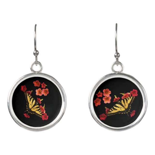 Red Flowers Yellow Butterfly Animal Drop Earrings (Front)