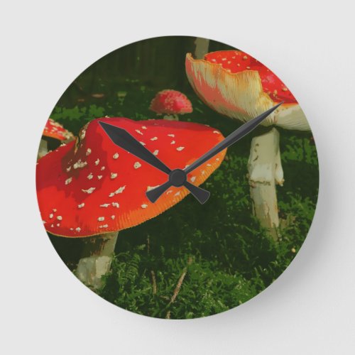 Red Fly Agaric Amanita Muscaria Mushrooms Photo Round Clock