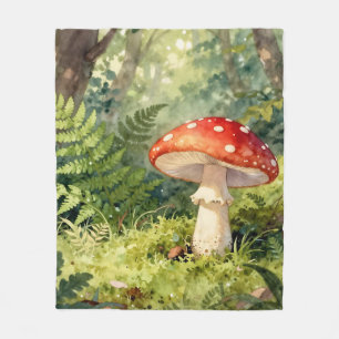 Red Fly Agaric Mushroom Watercolor Forest Scene Fleece Blanket